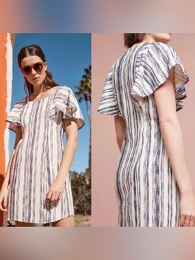 Striped Flutter-Sleeve Mini Dress in Navy and White